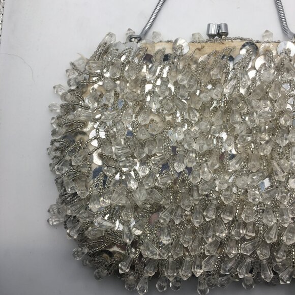 Vintage Beaded Sequin Clutch Evening Bag Wedding Snap White Made Hong Kong Purse - Picture 3 of 16